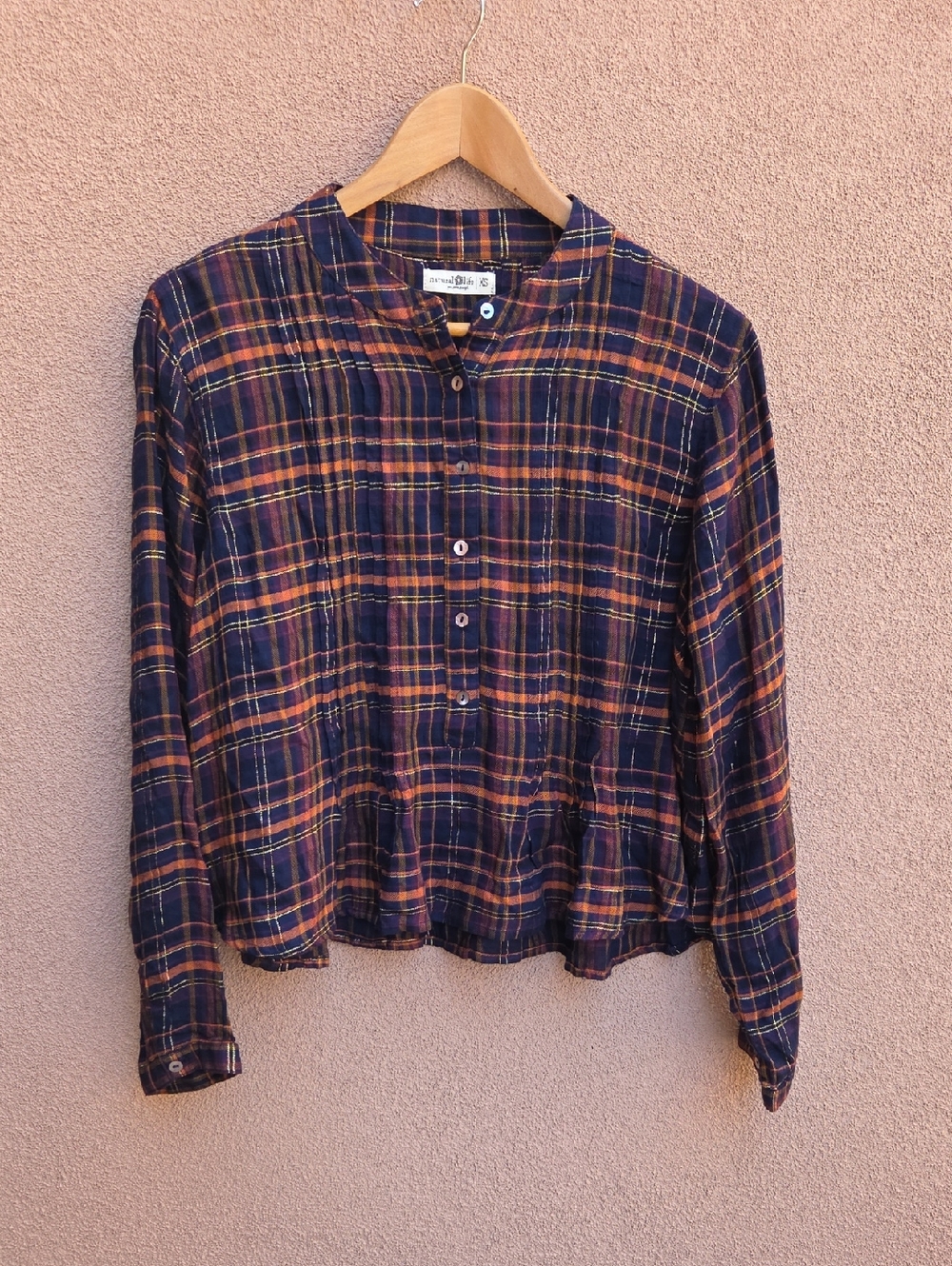 NATURAL LIFE Navy Plaid Button-Front Peplum Blouse with Orange Stripes